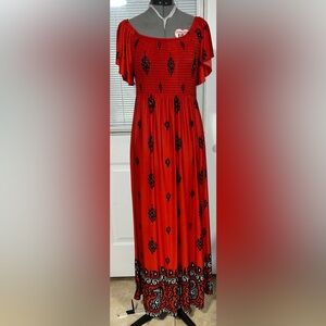 Magic Red silky Maxi dress with Black Motif